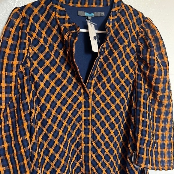 Eva Franco Anthropologie Textured Plaid Blouse Size 6 NWT Navy and Mustard - Picture 5 of 10